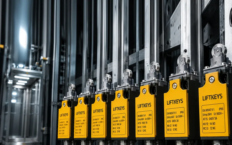 Asansör kabin hareketini sınırlandıran ve emniyet devresini fiziksel çarpma ile koruyan makaralı limit switch