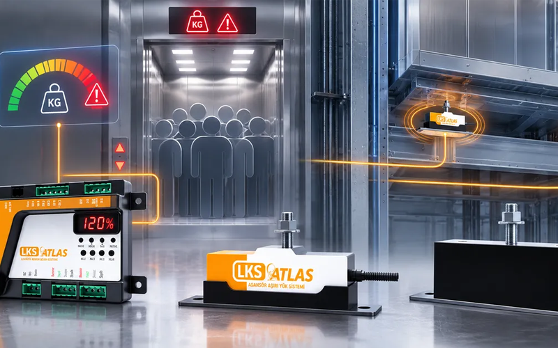 Asansör kabin altına monte edilen taban sensörleri ve taşıyıcı çelik halatlar üzerine kurulan halat tipi yük hücrelerinin (load cell) asansör sistemindeki konumlarını gösteren şema.