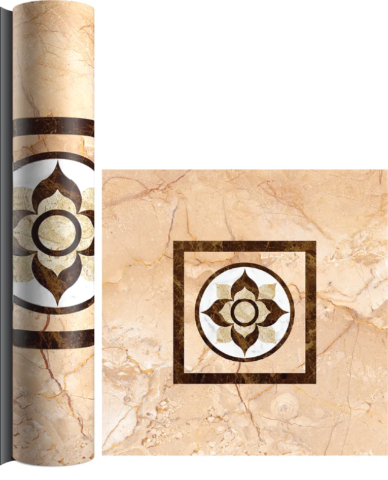 Beige decorative PVC floor covering with flower motifs