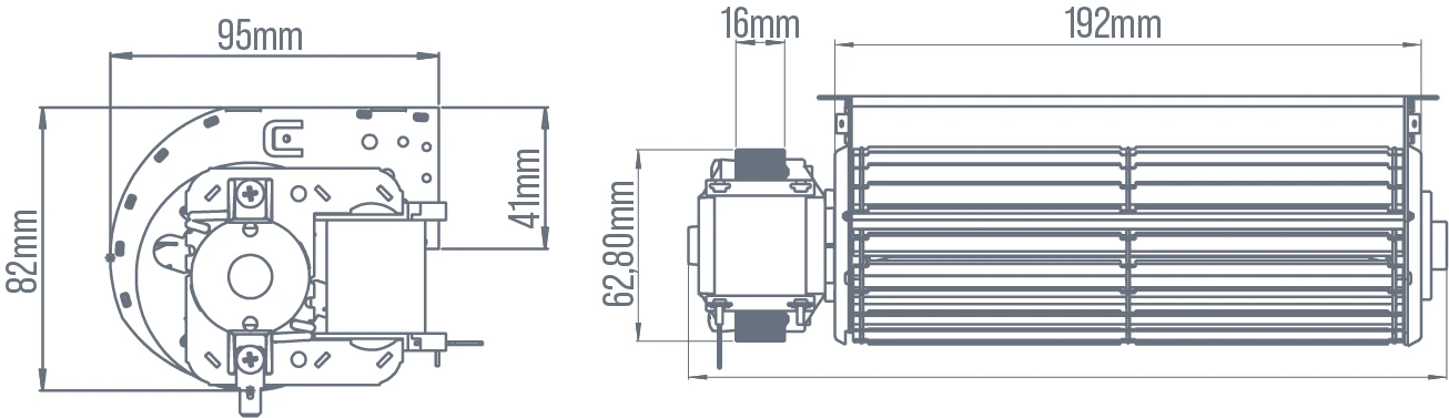 Asansör Radyal Fan Teknik Çizim Ölçüleri (95mm x 192mm)